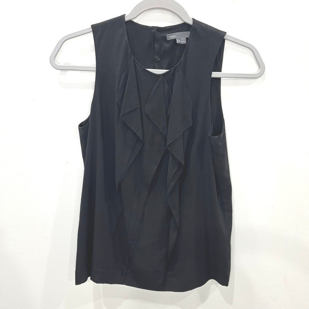 Vince Black Silk Ruffle Sleeveless Blouse Top Size 2 Minimalist Romantic Goth